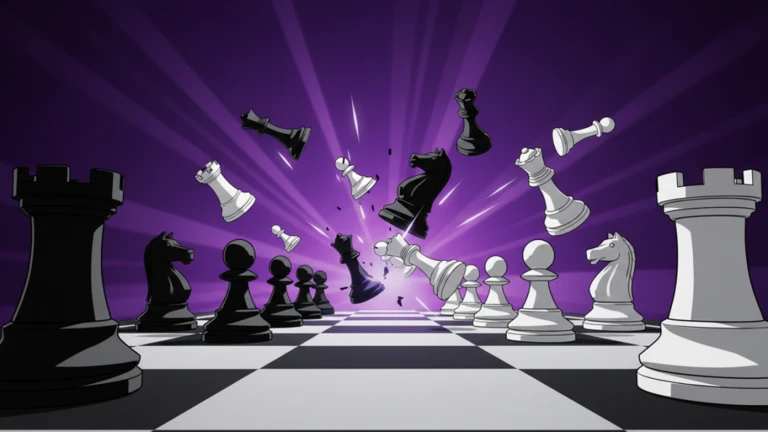 Chess pieces flying over a purple chessboard battle scene