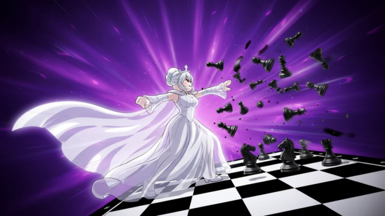 Queen character pushing chess pieces across a glowing board