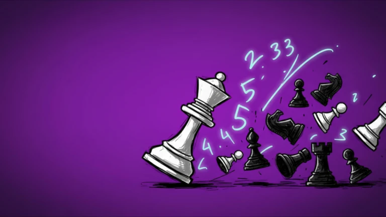 Chess pieces with glowing numbers on a purple background